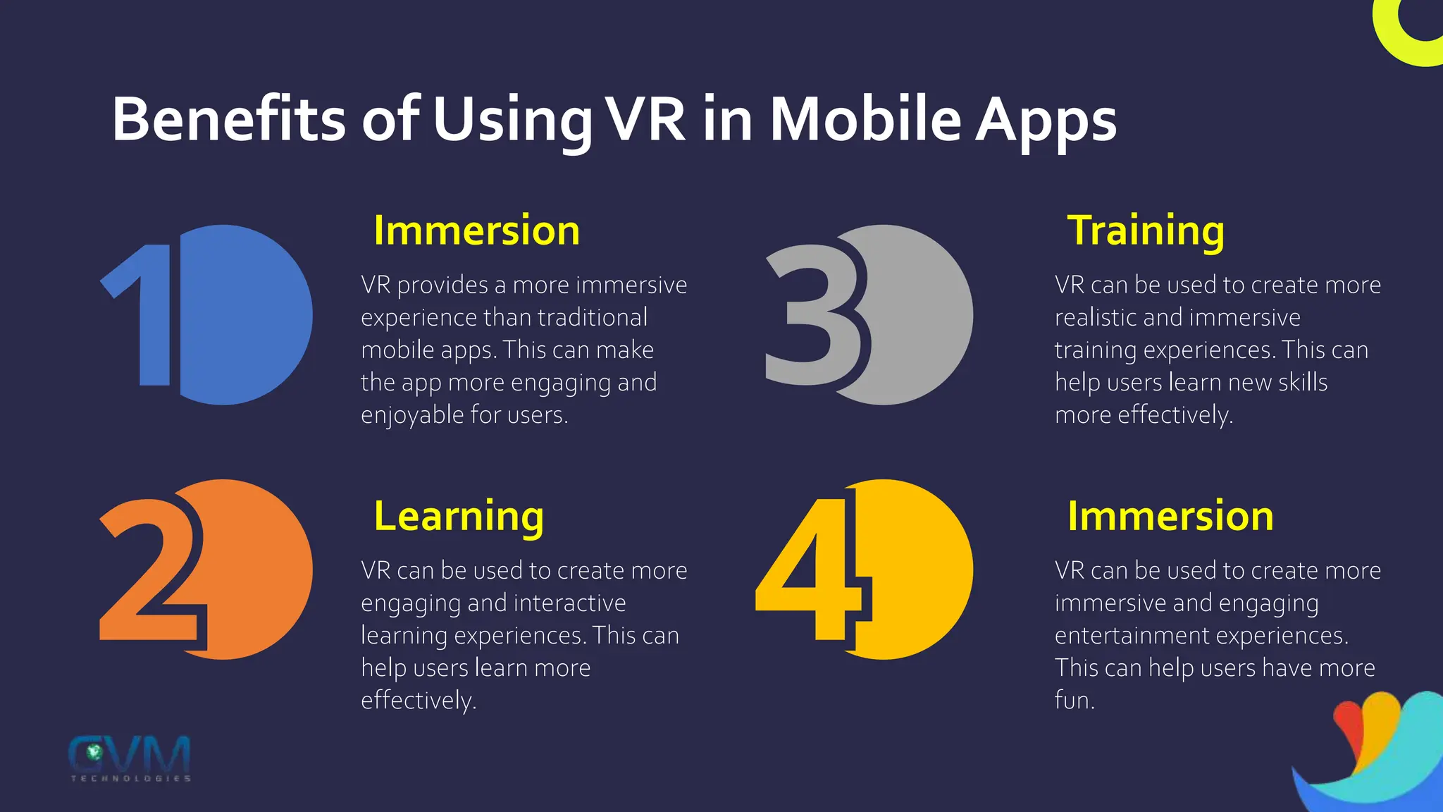 Benefits of UsingVR in Mobile Apps
Immersion
VR provides a more immersive
experience than traditional
mobile apps.This can make
the app more engaging and
enjoyable for users.
Training
VR can be used to create more
realistic and immersive
training experiences.This can
help users learn new skills
more effectively.
Learning
VR can be used to create more
engaging and interactive
learning experiences.This can
help users learn more
effectively.
Immersion
VR can be used to create more
immersive and engaging
entertainment experiences.
This can help users have more
fun.
 