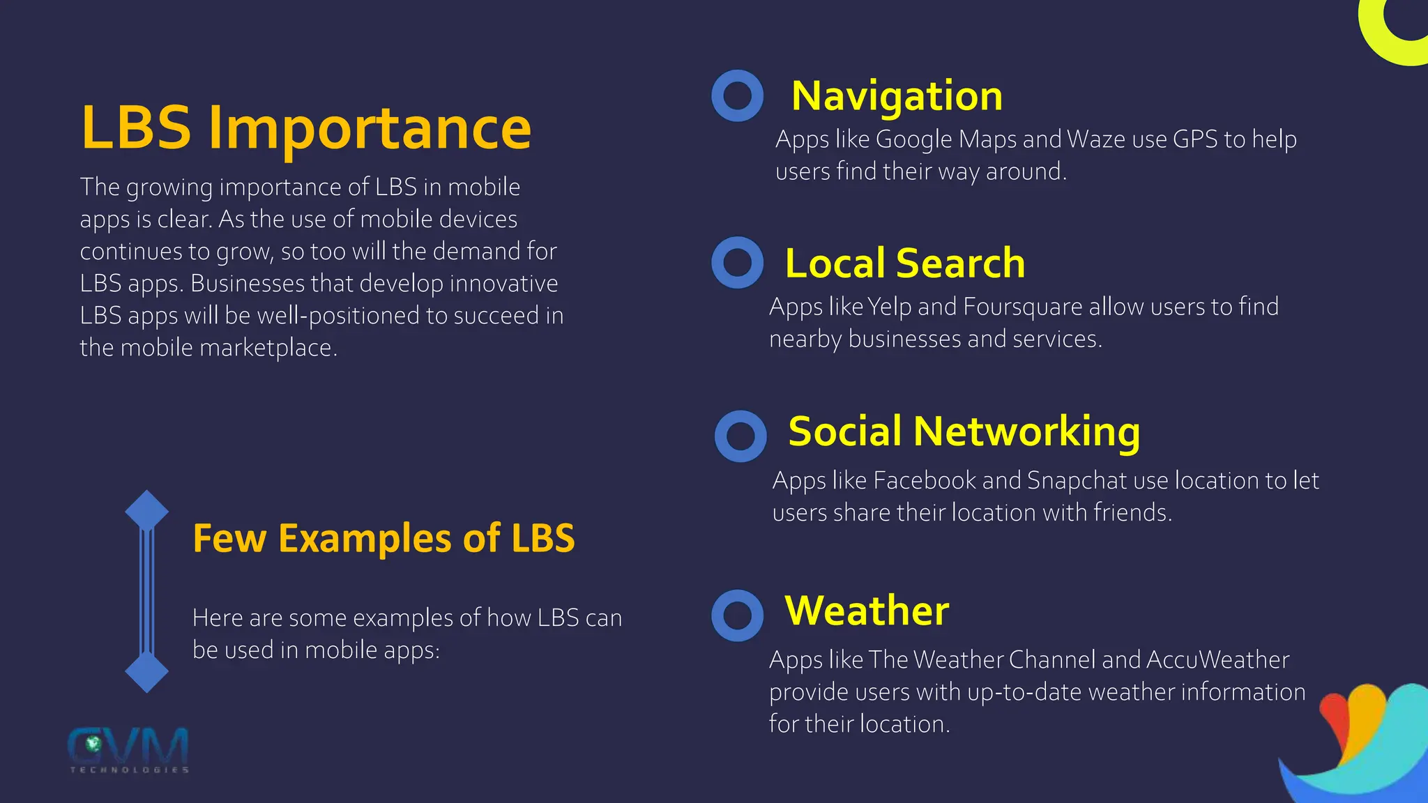 LBS Importance
The growing importance of LBS in mobile
apps is clear. As the use of mobile devices
continues to grow, so too will the demand for
LBS apps. Businesses that develop innovative
LBS apps will be well-positioned to succeed in
the mobile marketplace.
Few Examples of LBS
Here are some examples of how LBS can
be used in mobile apps:
Navigation
Apps like Google Maps andWaze use GPS to help
users find their way around.
Local Search
Apps likeYelp and Foursquare allow users to find
nearby businesses and services.
Social Networking
Apps like Facebook and Snapchat use location to let
users share their location with friends.
Weather
Apps likeTheWeatherChannel and AccuWeather
provide users with up-to-date weather information
for their location.
 