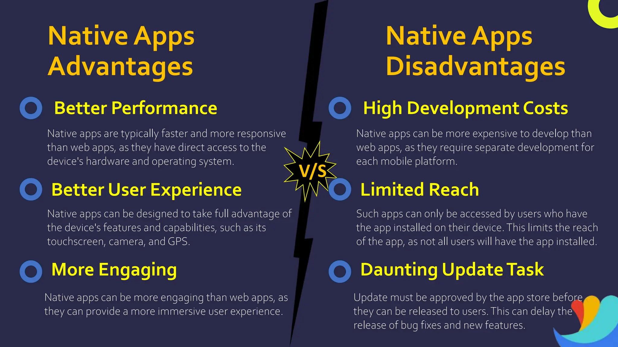 Native Apps
Advantages
Native Apps
Disadvantages
Better Performance
Native apps are typically faster and more responsive
than web apps, as they have direct access to the
device's hardware and operating system.
Better User Experience
More Engaging
Native apps can be more engaging than web apps, as
they can provide a more immersive user experience.
Native apps can be designed to take full advantage of
the device's features and capabilities, such as its
touchscreen, camera, and GPS.
V/S
High Development Costs
Native apps can be more expensive to develop than
web apps, as they require separate development for
each mobile platform.
Limited Reach
Daunting UpdateTask
Update must be approved by the app store before
they can be released to users.This can delay the
release of bug fixes and new features.
Such apps can only be accessed by users who have
the app installed on their device.This limits the reach
of the app, as not all users will have the app installed.
 