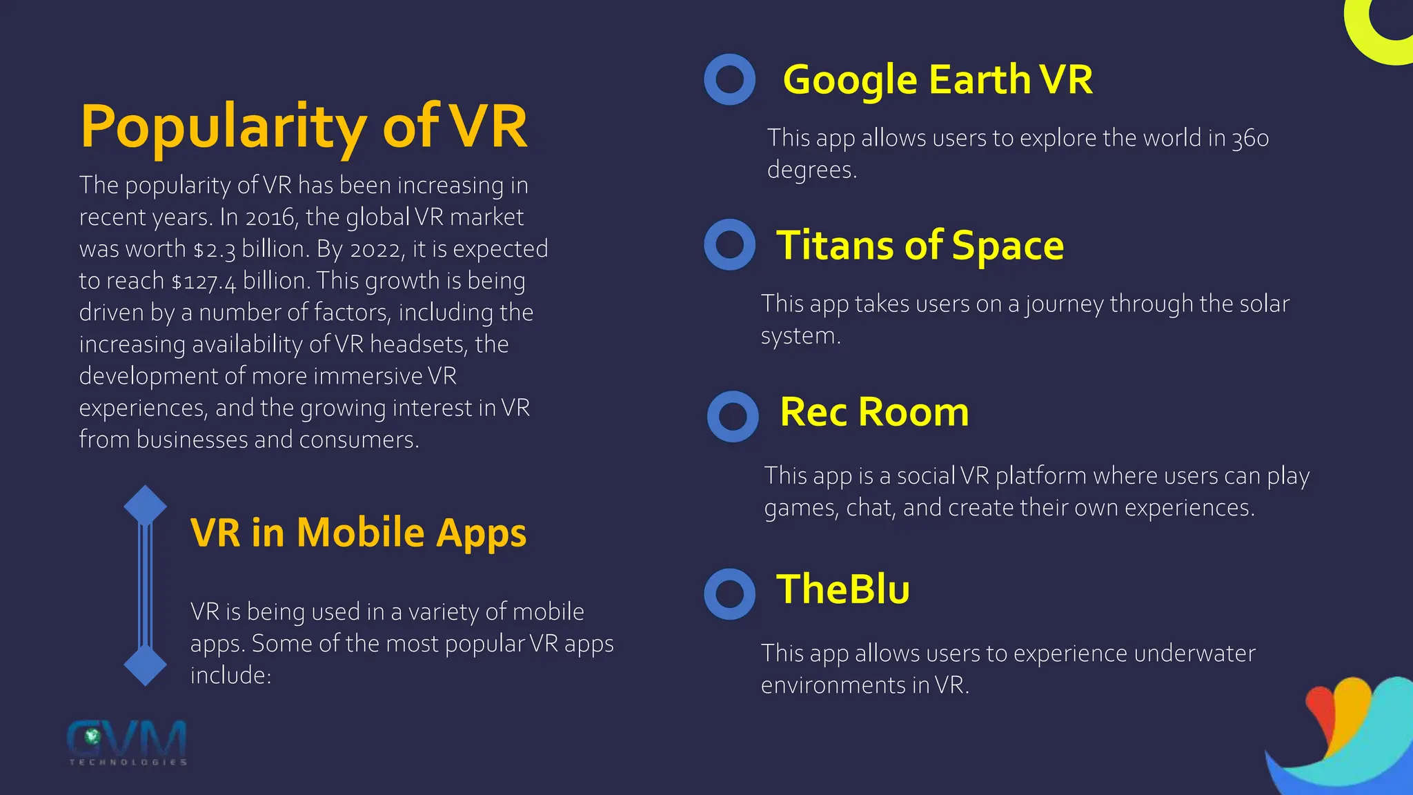 Popularity ofVR
The popularity ofVR has been increasing in
recent years. In 2016, the globalVR market
was worth $2.3 billion. By 2022, it is expected
to reach $127.4 billion.This growth is being
driven by a number of factors, including the
increasing availability ofVR headsets, the
development of more immersiveVR
experiences, and the growing interest inVR
from businesses and consumers.
VR in Mobile Apps
VR is being used in a variety of mobile
apps. Some of the most popularVR apps
include:
Google EarthVR
This app allows users to explore the world in 360
degrees.
Titans of Space
This app takes users on a journey through the solar
system.
Rec Room
This app is a socialVR platform where users can play
games, chat, and create their own experiences.
TheBlu
This app allows users to experience underwater
environments inVR.
 