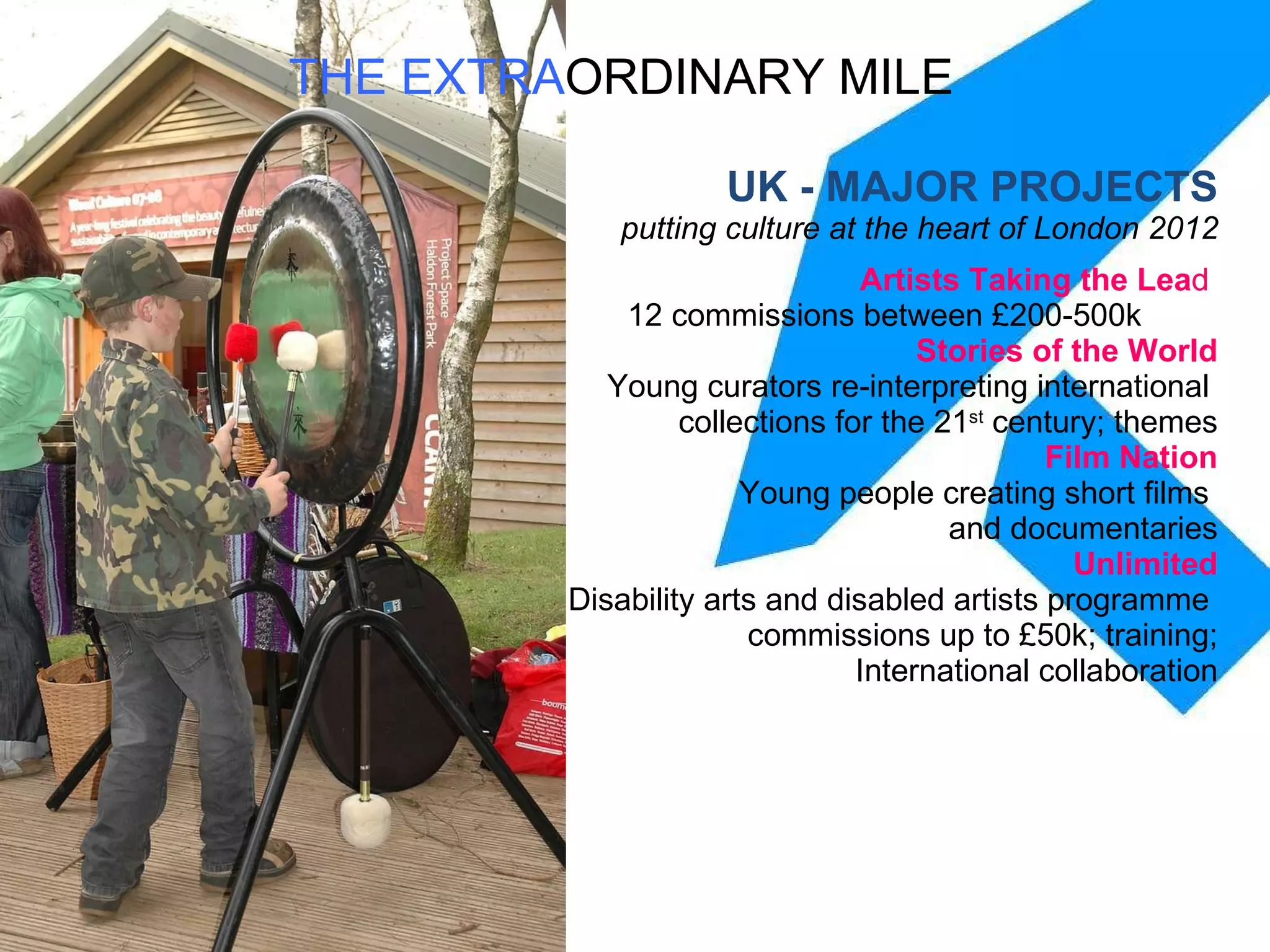 UK - MAJOR PROJECTS putting culture at the heart of London 2012 Artists Taking the Lea d  12 commissions between £200-500k Stories of the World Young curators re-interpreting international  collections for the 21 st  century; themes Film Nation Young people creating short films  and documentaries Unlimited Disability arts and disabled artists programme  commissions up to £50k; training; International collaboration THE EXTRA ORDINARY MILE 