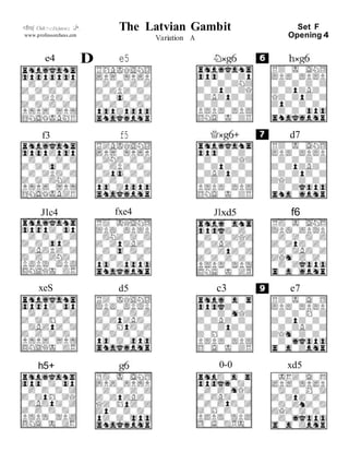 <flro( Chdt:>c::J!u.funt:ni:z, :J•.
www.professorchess.com
e4
The Latvian Gambit
Variation A
D e5
Set F
Opening 4
f3 f5 d7
Jlc4 fxe4 Jlxd5 f6
xeS
h5+
d5 c3 e7
0-0 xd5
 