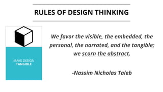 MAKE DESIGN
TANGIBLE
RULES OF DESIGN THINKING
We favor the visible, the embedded, the
personal, the narrated, and the tangible;
we scorn the abstract.
-Nassim Nicholas Taleb
 