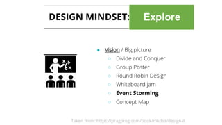 DESIGN MINDSET: EXPLORE
● Vision / Big picture
○ Divide and Conquer
○ Group Poster
○ Round Robin Design
○ Whiteboard jam
○ Event Storming
○ Concept Map
Taken from: https://pragprog.com/book/mkdsa/design-it
 