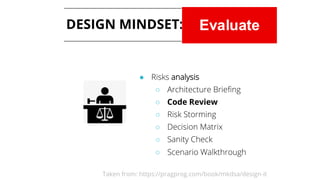 DESIGN MINDSET: EVALUATE
● Risks analysis
○ Architecture Briefing
○ Code Review
○ Risk Storming
○ Decision Matrix
○ Sanity Check
○ Scenario Walkthrough
Taken from: https://pragprog.com/book/mkdsa/design-it
 