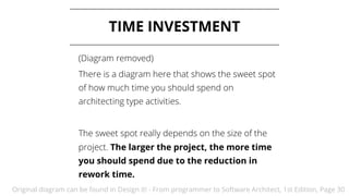 Original diagram can be found in Design it! - From programmer to Software Architect, 1st Edition, Page 30
TIME INVESTMENT
(Diagram removed)
There is a diagram here that shows the sweet spot
of how much time you should spend on
architecting type activities.
The sweet spot really depends on the size of the
project. The larger the project, the more time
you should spend due to the reduction in
rework time.
 