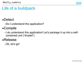 © 2014 IBM Corporation 
@holly_cummins 
Life of a buildpack 
▪Detect 
–Do I understand this application? 
▪Compile 
–I do understand this application! Let’s package it up into a self-contained 
unit (“droplet”) 
▪Release 
–Ok, let’s go! 
 