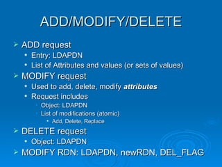 ADD/MODIFY/DELETE ADD request Entry: LDAPDN List of Attributes and values (or sets of values) MODIFY request Used to add, delete, modify  attributes Request includes Object: LDAPDN List of modifications (atomic) Add, Delete, Replace DELETE request Object: LDAPDN MODIFY RDN: LDAPDN, newRDN, DEL_FLAG 