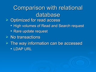 Comparison with relational database Optimized for read access High volumes of Read and Search request Rare update request No transactions The way information can be accessed LDAP URL 