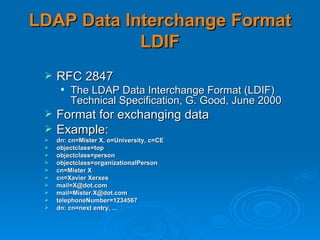 LDAP Data Interchange Format LDIF RFC 2847 The LDAP Data Interchange Format (LDIF) Technical Specification, G. Good, June 2000 Format for exchanging data Example: dn: cn=Mister X, o=University, c=CE objectclass=top objectclass=person objectclass=organizationalPerson cn=Mister X cn=Xavier Xerxes mail=X@dot.com mail=Mister.X@dot.com telephoneNumber=1234567 dn: cn=next entry, ... 