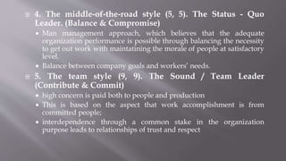  4. The middle-of-the-road style (5, 5). The Status - Quo
Leader. (Balance & Compromise)
 Man management approach, which believes that the adequate
organization performance is possible through balancing the necessity
to get out work with maintatining the morale of people at satisfactory
level.
 Balance between company goals and workers’ needs.
 5. The team style (9, 9). The Sound / Team Leader
(Contribute & Commit)
 high concern is paid both to people and production
 This is based on the aspect that work accomplishment is from
committed people;
 interdependence through a common stake in the organization
purpose leads to relationships of trust and respect
 
