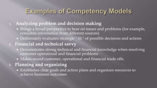 1. Analyzing problem and decision making
 Brings a broad perspective to bear on issues and problems (for example,
considers information from different sources)
 Deliberately evaluates strategic " fit " of possible decisions and actions
2. Financial and technical savvy
 Demonstrates strong technical and financial knowledge when resolving
customer operational and financial problems
 Makes sound customer, operational and financial trade offs.
3. Planning and organizing
 Establishes clear goals and action plans and organizes resources to
achieve business outcomes
 