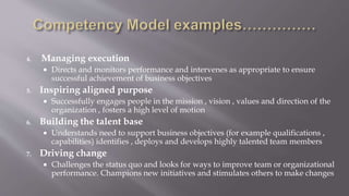 4. Managing execution
 Directs and monitors performance and intervenes as appropriate to ensure
successful achievement of business objectives
5. Inspiring aligned purpose
 Successfully engages people in the mission , vision , values and direction of the
organization , fosters a high level of motion
6. Building the talent base
 Understands need to support business objectives (for example qualifications ,
capabilities) identifies , deploys and develops highly talented team members
7. Driving change
 Challenges the status quo and looks for ways to improve team or organizational
performance. Champions new initiatives and stimulates others to make changes
 