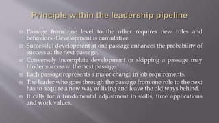  Passage from one level to the other requires new roles and
behaviors -Development is cumulative.
 Successful development at one passage enhances the probability of
success at the next passage.
 Conversely incomplete development or skipping a passage may
hinder success at the next passage.
 Each passage represents a major change in job requirements.
 The leader who goes through the passage from one role to the next
has to acquire a new way of living and leave the old ways behind.
 It calls for a fundamental adjustment in skills, time applications
and work values.
 