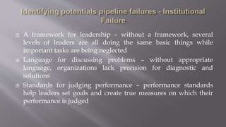  A framework for leadership – without a framework, several
levels of leaders are all doing the same basic things while
important tasks are being neglected
 Language for discussing problems – without appropriate
language, organizations lack precision for diagnostic and
solutions
 Standards for judging performance – performance standards
help leaders set goals and create true measures on which their
performance is judged
 