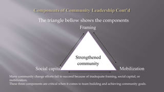 The triangle bellow shows the components
Framing
Social capital Mobilization
Strengthened
community
Many community change efforts fail to succeed because of inadequate framing, social capital, or
mobilization,
These three components are critical when it comes to team building and achieving community goals.
 