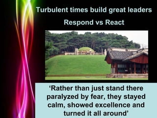 Powerpoint Templates
Page 46
Turbulent times build great leaders
Respond vs React
‘Rather than just stand there
paralyzed ...