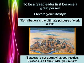 Powerpoint Templates
Page 67
‘Contribution is the ultimate purpose of work
& life’
To be a great leader first become a
gre...