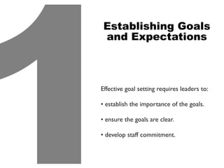 Establishing Goals
and Expectations
Effective goal setting requires leaders to:
• establish the importance of the goals.
• ensure the goals are clear.
• develop staff commitment.
1
 