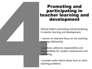 School leaders promoting and participating
in teacher learning and development:
• ensure an intensive focus on the teaching
learning relationship.
• promote collective responsibility and
accountability for student achievement and
well-being.
• provide useful advice about how to solve
teaching problems.
4
Promoting and
participating in
teacher learning and
development
 