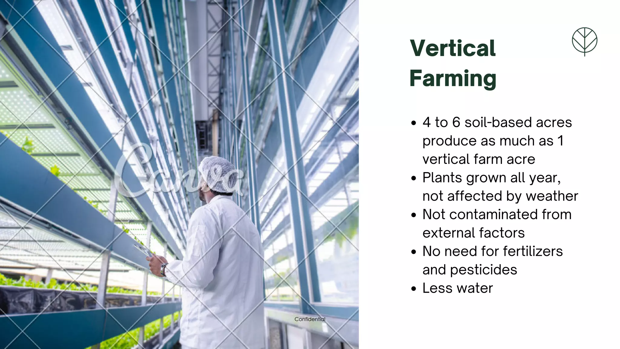 Vertical
Farming
4 to 6 soil-based acres
produce as much as 1
vertical farm acre
Plants grown all year,
not affected by weather
Not contaminated from
external factors
No need for fertilizers
and pesticides
Less water
Confidential
 