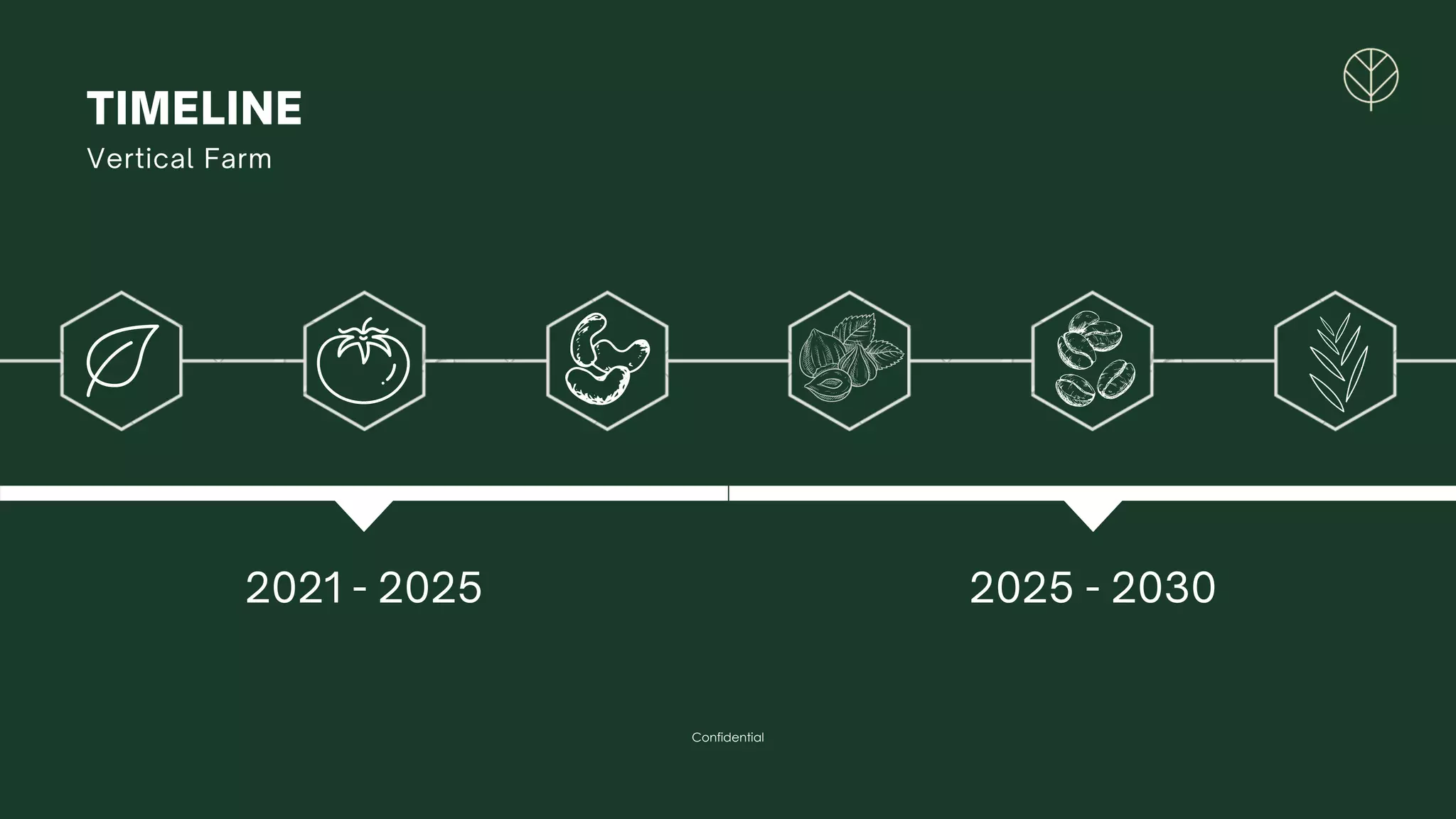 Confidential
2021 - 2025 2025 - 2030
Vertical Farm
TIMELINE
 