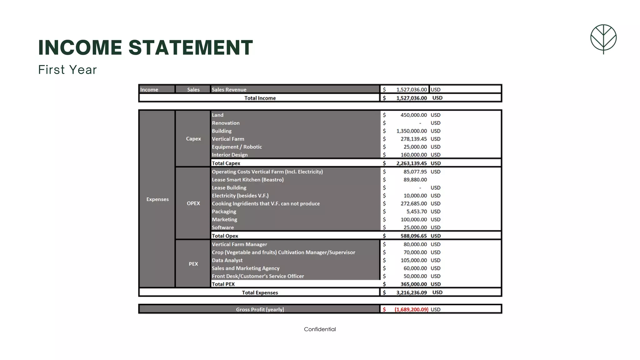 Confidential
First Year
INCOME STATEMENT
 