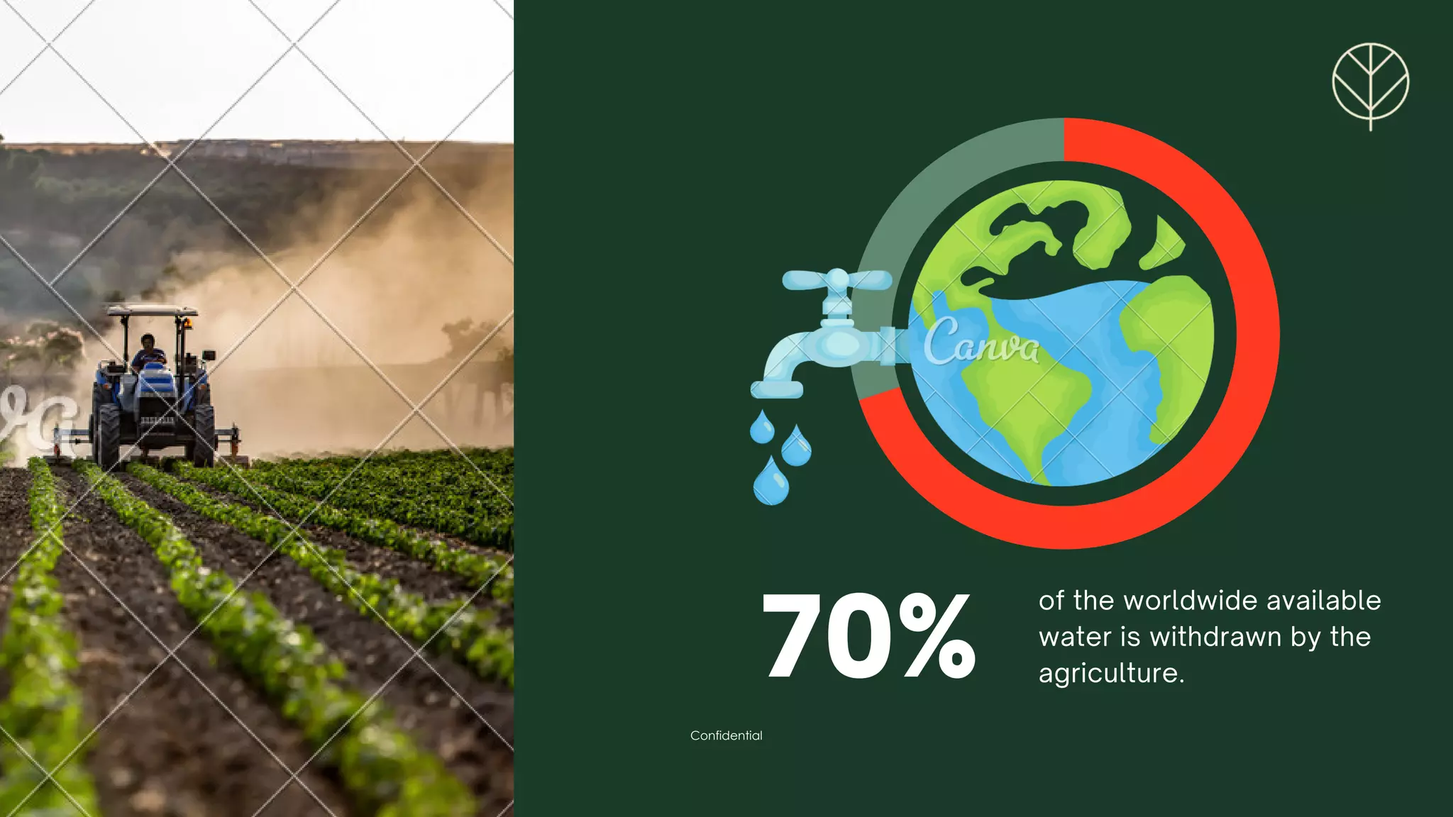 Confidential
70%
of the worldwide available
water is withdrawn by the
agriculture.
 