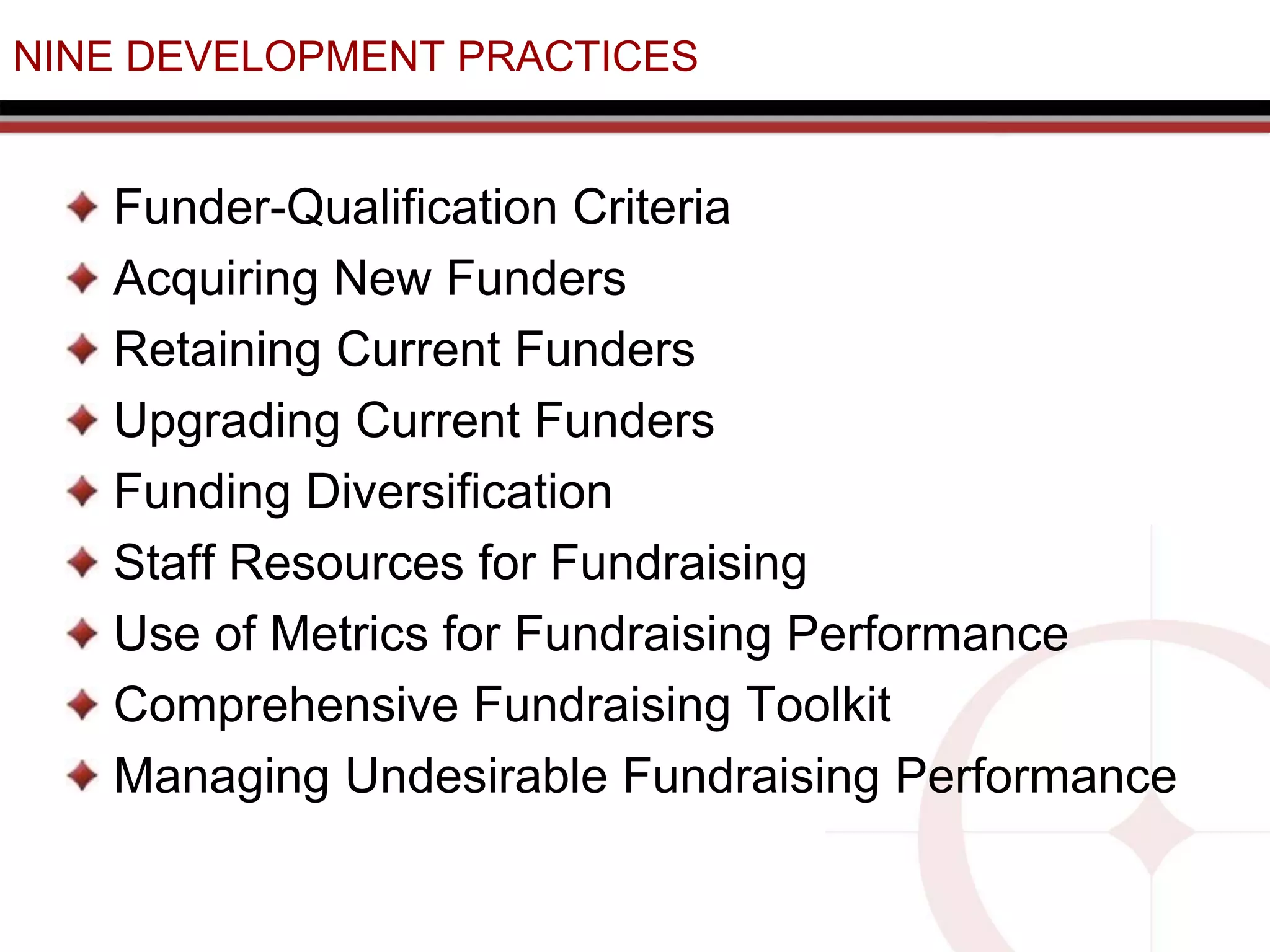 NINE DEVELOPMENT PRACTICES
Funder-Qualification Criteria
Acquiring New Funders
Retaining Current Funders
Upgrading Current Funders
Funding Diversification
Staff Resources for Fundraising
Use of Metrics for Fundraising Performance
Comprehensive Fundraising Toolkit
Managing Undesirable Fundraising Performance
 