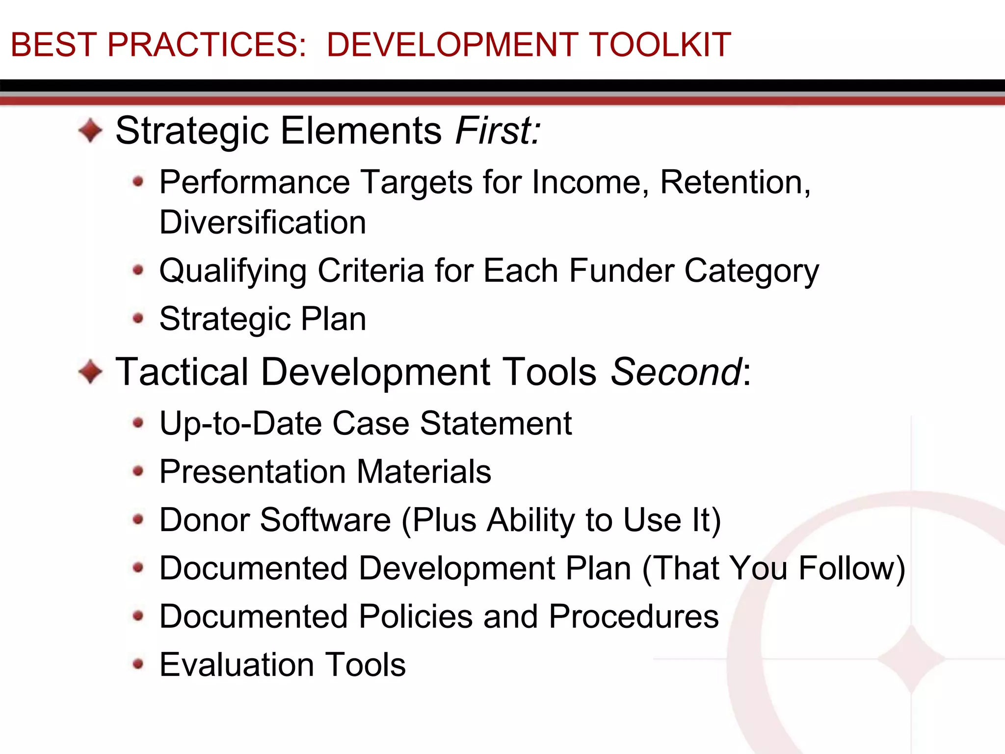 BEST PRACTICES: DEVELOPMENT TOOLKIT
Strategic Elements First:
Performance Targets for Income, Retention,
Diversification
Qualifying Criteria for Each Funder Category
Strategic Plan
Tactical Development Tools Second:
Up-to-Date Case Statement
Presentation Materials
Donor Software (Plus Ability to Use It)
Documented Development Plan (That You Follow)
Documented Policies and Procedures
Evaluation Tools
 