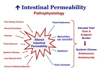 Altered
Intestinal
Permeability
Poor Dietary Choices
Stress & Emotions
Infection
Chronic Antibiotics/Steroids
Systemic Disease
Toxic Exposure
Food Intolerance
Malnutrition
zinc, iron,vit B12
Dysbiosis
Toxic Overload
Elevated Total
Toxic &
Antigenic
Burden
Low Stomach Acid
Systemic Disease
Endotoxemia
Autoimmunity
 Intestinal Permeability
Pathophysiology
 