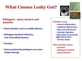 What Causes Leaky Gut?
Pathogens – yeast, bacteria and
parasites
• Yeast infections such as candida albicans
• Pathogenic bacterial infections,
lack of beneficial bacteria
• Parasites
• Toxins produced by pathogens can cause
further damage
• Possible causes
– chronic inflammation
– nutritional deficiencies
– fatty acid deficiencies
– improper digestion
–high intake of commonly
aggravating foods
– Chronic stress
• Other possible causes
– parasites
– pathogenic bacteria
– yeast infections
 