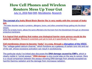 How Cell Phones and Wireless
Routers Mess Up Your Gut
July 11, 2016 Rob EMF, Microbiome, Research
The concept of a leaky Blood Brain Barrier fits in very neatly with the concept of leaky
gut.
The latter disorder results in proteins, allergens, toxins, and other unwanted things getting into the blood
stream,
while the (a leaky brain), allows the same offenders into the brain from the bloodstream through an otherwise
protective membrane.
It is logical that anything that makes one biological barrier more porous would do the
same for another. Research scientists just yet to look at it specifically for the gut.
Cell membranes shown to become “leaky” in a way, through a disruption of the VGCC.
The “voltage-gated calcium channel,” which functions as a gateway of certain ions into and out
of the cell, whose excessive activation can result in excitotoxicity.
The particular study I’ve linked also discusses the DNA damage caused by EMFs, which is
clearly visible in “comet assays.” DNA damage is one crucial step on the way to cancer. Here
is a visual comparison between the assays showing DNA damage from already-accepted-as-
harmful Gamma radiation and the damage from microwave radiation.
 