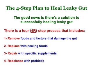 The good news is there’s a solution to
successfully healing leaky gut
There is a four (4R)-step process that includes:
1- Remove foods and factors that damage the gut
2- Replace with healing foods
3- Repair with specific supplements
4- Rebalance with probiotic
The 4-Step Plan to Heal Leaky Gut
 