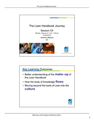 The Lean Handbook Journey




     The Lean Handbook Journey
                    Session C5
            Monday, February 27, 2:00 – 3:00 pm
                      Presented by
                   Anthony Manos
                           LBC




Key Learning Outcomes
• Better understanding of the make–up of
  the Lean Handbook
• How the body of knowledge flows
• Moving beyond the tools of Lean into the
 culture




        ASQ Lean and Six Sigma Conference 2012
                                                  1
 