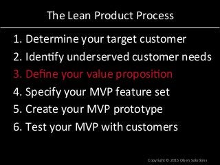 The*Lean*Product*Process*
1. Determine*your*target*customer*
2. Iden7fy*underserved*customer*needs*
3. Deﬁne*your*value*proposi7on*
4. Specify*your*MVP*feature*set*
5. Create*your*MVP*prototype*
6. Test*your*MVP*with*customers*
Copyright*©*2015*Olsen*Solu7ons*
 