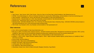 References
Tools
• Team Canvas - Team Canvas. (2016). Team Canvas - Bring Your Team on the Same Page. [online] Available at: http://theteamcanvas.com
• SCRUM - Scrummethodology.com. (2016). An Empirical Framework For Learning (Not a Methodology). [online] Available at: http://scrummethodology.com/
• Value Proposition - Startwithwhy.com. (2016). Start With Why. [online] Available at: https://www.startwithwhy.com/
• Business Canvas - Alexosterwalder.com. (2016). Alex Osterwalder. [online] Available at: http://alexosterwalder.com/
• Business Plan - Gareth Burton (2016). Hyper Island Class June 2nd [talk]
• Marketing Model - GRAHAM D BROWN. (2014). The 1-9-90 Rule (The Most Disruptive Ideas in Marketing Today) - GRAHAM D BROWN. [online] Available at:
http://www.grahamdbrown.com/1-9-90-rule-disruptive-ideas-marketing-today/
• Pitch Format - Guy Kawasaki. (2016). Guy Kawasaki. [online] Available at: http://guykawasaki.com/
Other references
• Anon, (2016). [online] Available at: https://www.freshminds.co.uk/
• Mca.org.uk. (2016). Consulting sector outpaces economy – with MCA members passing £5bn | Management Consultancies Association | MCA. [online]
Available at: https://www.mca.org.uk/news/press-releases/consulting-sector-outpaces-economy-with-mca-members-passing-5bn/
• Match My Thesis. (2016). Students page - Match My Thesis. [online] Available at: http://matchmythesis.com/
• qualiﬁers, F. (2016). HESA - Higher Education Statistics Agency - HESA - Higher Education Statistics Agency. [online] Hesa.ac.uk. Available at: https://
www.hesa.ac.uk/stats
• Survey results: http://bit.ly/28Iwc41
• Prototype video: https://youtu.be/9SUWKMVtojI
• Elevator Pitch sketch: https://youtu.be/YBo5COVffrU
• Landing page: http://in-shift.weebly.com/
• Icon references: https://thenounproject.com/
• Artworkbean, Kelcey Hurst, Xela Ub, Marta Ambrosetti, Meaghan Hendricks, Hugo Alberto
0121
 