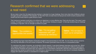 Research conﬁrmed that we were addressing
a real need
Viktor - "Our problem is
opportunities and access."
Tim - "I’m not getting
responses until I got
someone as reference."
Dalma - "It’s not easy to
reach out to companies."
We as a team, knew from the beginning that working in a big team is a huge challenge. Even more when lots of different cultures
and ages are been considered in the equation. On the other hand, we also knew we had just one month to build a business from
scratch and this would require a great amount of work.
Then having six members could help us to achieve our objectives in a more effective way. That's why the name “The Leans” came
to place. To enable us to work effectively in a lean way, with the lema “dividing to conquer”. In that way transforming our challenge
of working in a big team, into our strength to achieve our goals.
017
We validated that Hyper Island Masters Graduates struggle to ﬁnd sponsorships for their IRP. It's one of their primary concerns,
and they had difﬁculties to ﬁnd and contact companies, the situation generates stress and fear of a purposeless project.
To understand the needs of business, we conducted a Hybrid research, it was blend between interviews and survey form. Which
was targeted speciﬁcally to senior professionals. We received responses from 23 senior professionals in different organisations
across diverse industries and results were very supportive of our assumptions. Almost 85% said they had a business problem or
opportunity they wanted to tackle but didn’t have the time or resources to do it internally and also found it monetarily infeasible to
engage with research partners or consultants for in-depth studies.
 