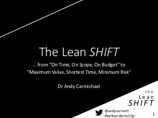 @andycarmich
#kanban #pmc17gr
L e a n
S H I F T
t h e
1
The Lean SHIFT
… from “On Time, On Scope, On Budget” to
“Maximum Value, Shortest Time, Minimum Risk”
Dr Andy Carmichael
 