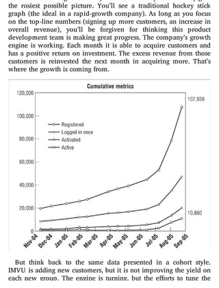 much more exciting. That’s why I call these vanity metrics: they give
the rosiest possible picture. You’ll see a traditional hockey stick
graph (the ideal in a rapid-growth company). As long as you focus
on the top-line numbers (signing up more customers, an increase in
overall revenue), you’ll be forgiven for thinking this product
development team is making great progress. The company’s growth
engine is working. Each month it is able to acquire customers and
has a positive return on investment. The excess revenue from those
customers is reinvested the next month in acquiring more. That’s
where the growth is coming from.
But think back to the same data presented in a cohort style.
IMVU is adding new customers, but it is not improving the yield on
each new group. The engine is turning, but the e orts to tune the
 