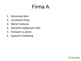 Firma A
1.   Opracować plan
2.   Uruchomić firmę
3.   Zebrać fundusze
4.   Zatrudnić najlepszych ludzi
5.   Postawić na jakość
6.   Zapewnić marketing
 