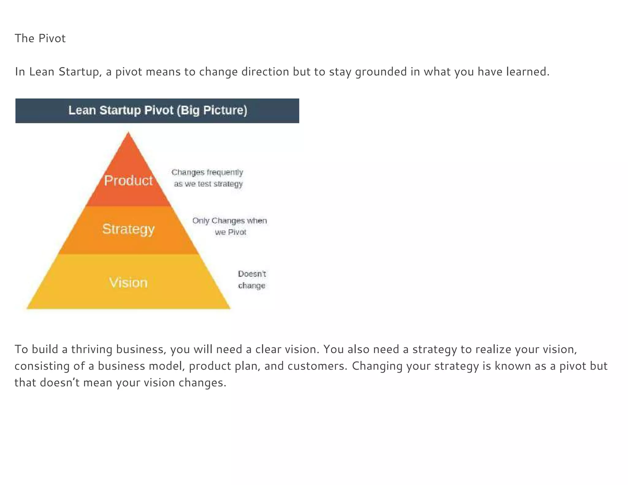  
The Pivot 
 
In Lean Startup, a pivot means to change direction but to stay grounded in what you have learned. 
 
 
 
To build a thriving business, you will need a clear vision. You also need a strategy to realize your vision, 
consisting of a business model, product plan, and customers. Changing your strategy is known as a pivot but 
that doesn’t mean your vision changes. 
 
 
 
 
 