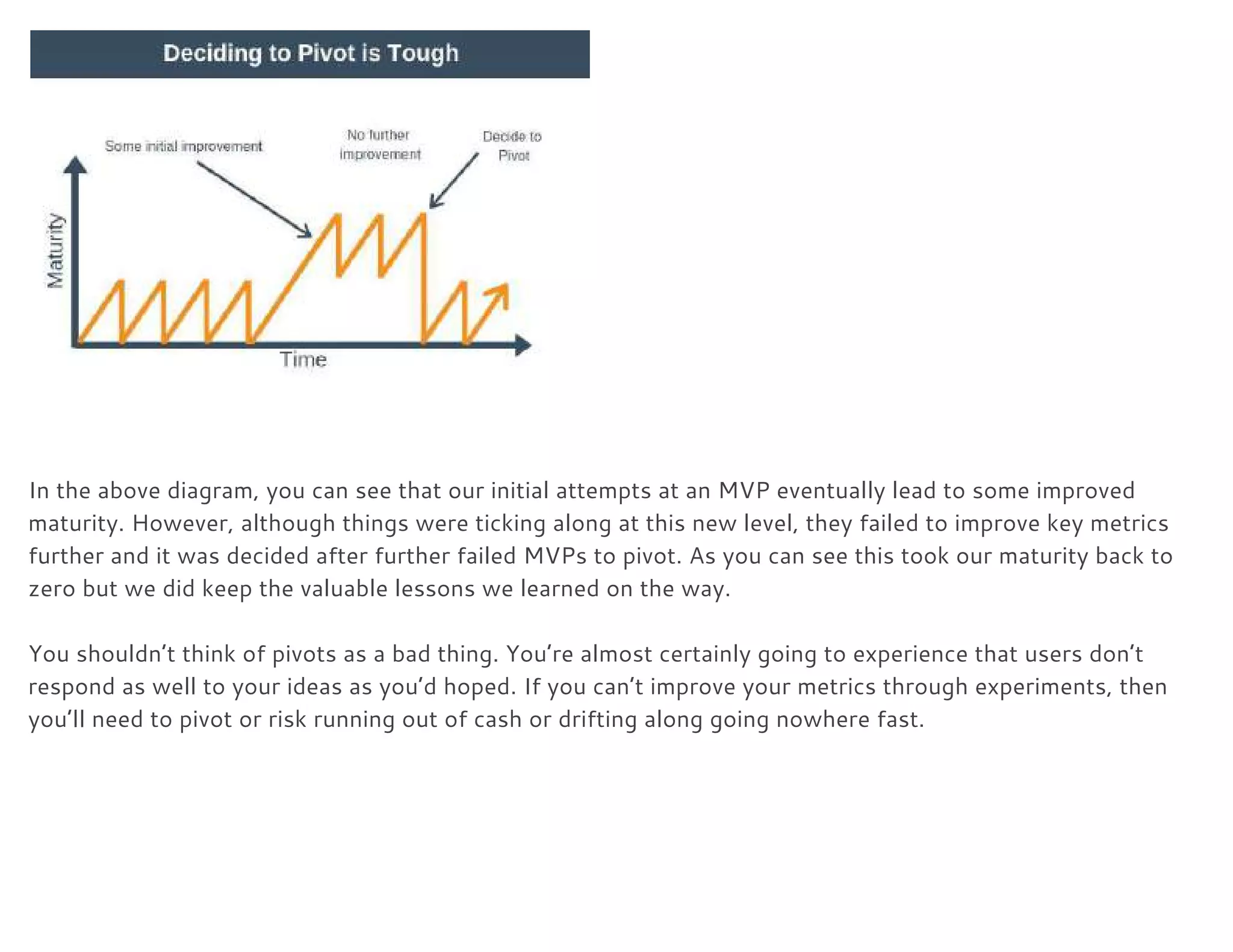  
In the above diagram, you can see that our initial attempts at an MVP eventually lead to some improved 
maturity. However, although things were ticking along at this new level, they failed to improve key metrics 
further and it was decided after further failed MVPs to pivot. As you can see this took our maturity back to 
zero but we did keep the valuable lessons we learned on the way. 
 
You shouldn’t think of pivots as a bad thing. You’re almost certainly going to experience that users don’t 
respond as well to your ideas as you’d hoped. If you can’t improve your metrics through experiments, then 
you’ll need to pivot or risk running out of cash or drifting along going nowhere fast. 
 
 
 
 
 
 