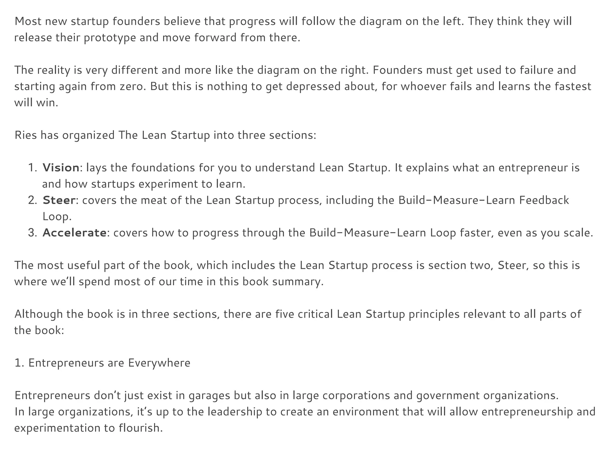 Most new startup founders believe that progress will follow the diagram on the left. They think they will 
release their prototype and move forward from there. 
 
The reality is very different and more like the diagram on the right. Founders must get used to failure and 
starting again from zero. But this is nothing to get depressed about, for whoever fails and learns the fastest 
will win. 
 
Ries has organized The Lean Startup into three sections: 
 
1. Vision​: lays the foundations for you to understand Lean Startup. It explains what an entrepreneur is 
and how startups experiment to learn. 
2. Steer​: covers the meat of the Lean Startup process, including the Build-Measure-Learn Feedback 
Loop. 
3. Accelerate​: covers how to progress through the Build-Measure-Learn Loop faster, even as you scale. 
 
The most useful part of the book, which includes the Lean Startup process is section two, Steer, so this is 
where we’ll spend most of our time in this book summary. 
 
Although the book is in three sections, there are five critical Lean Startup principles relevant to all parts of 
the book: 
 
1. Entrepreneurs are Everywhere 
 
Entrepreneurs don’t just exist in garages but also in large corporations and government organizations. 
In large organizations, it’s up to the leadership to create an environment that will allow entrepreneurship and 
experimentation to flourish. 
 
 