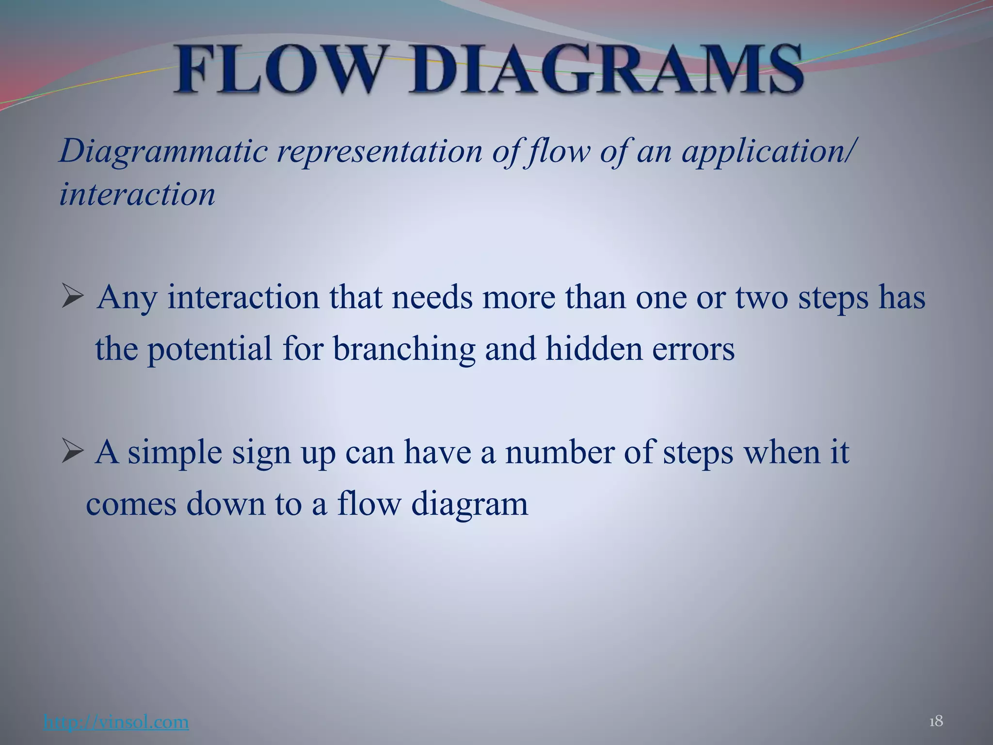 Diagrammatic representation of flow of an application/
interaction
 Any interaction that needs more than one or two steps has
the potential for branching and hidden errors
 A simple sign up can have a number of steps when it
comes down to a flow diagram
18http://vinsol.com
 