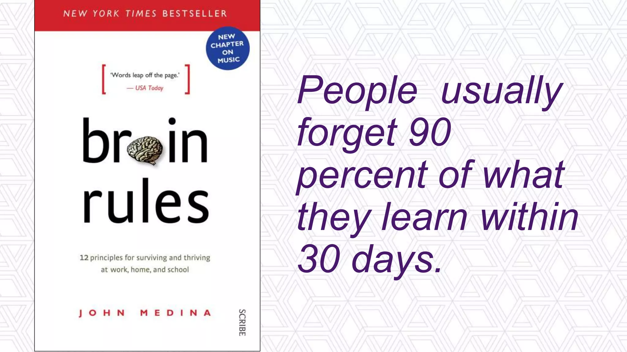 People usually
forget 90
percent of what
they learn within
30 days.
 
