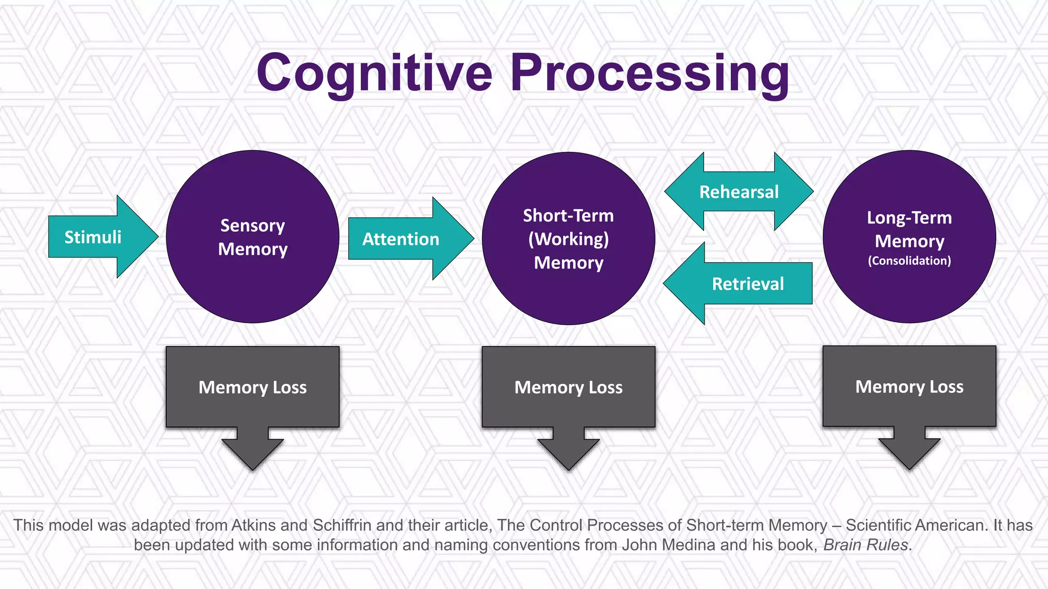 Stimuli Attention
Retrieval
Rehearsal
Sensory
Memory
Memory Loss
Short-Term
(Working)
Memory
Memory Loss
Long-Term
Memory
(Consolidation)
Memory Loss
Cognitive Processing
This model was adapted from Atkins and Schiffrin and their article, The Control Processes of Short-term Memory – Scientific American. It has
been updated with some information and naming conventions from John Medina and his book, Brain Rules.
 