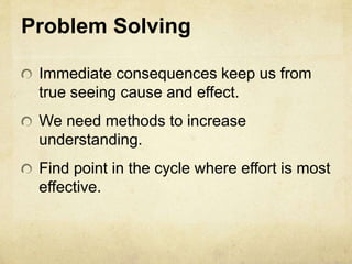 Problem Solving
Immediate consequences keep us from
true seeing cause and effect.
We need methods to increase
understanding.
Find point in the cycle where effort is most
effective.
 
