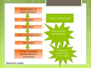 Status of the
demonstrato
r
Perceived
importance
of the task
Observation of
Demonstration
Attention
Retention
Motor Reproduction
Motivation
Actual modelled
performance is
produced
Observational Cues
Bandura’s model
 