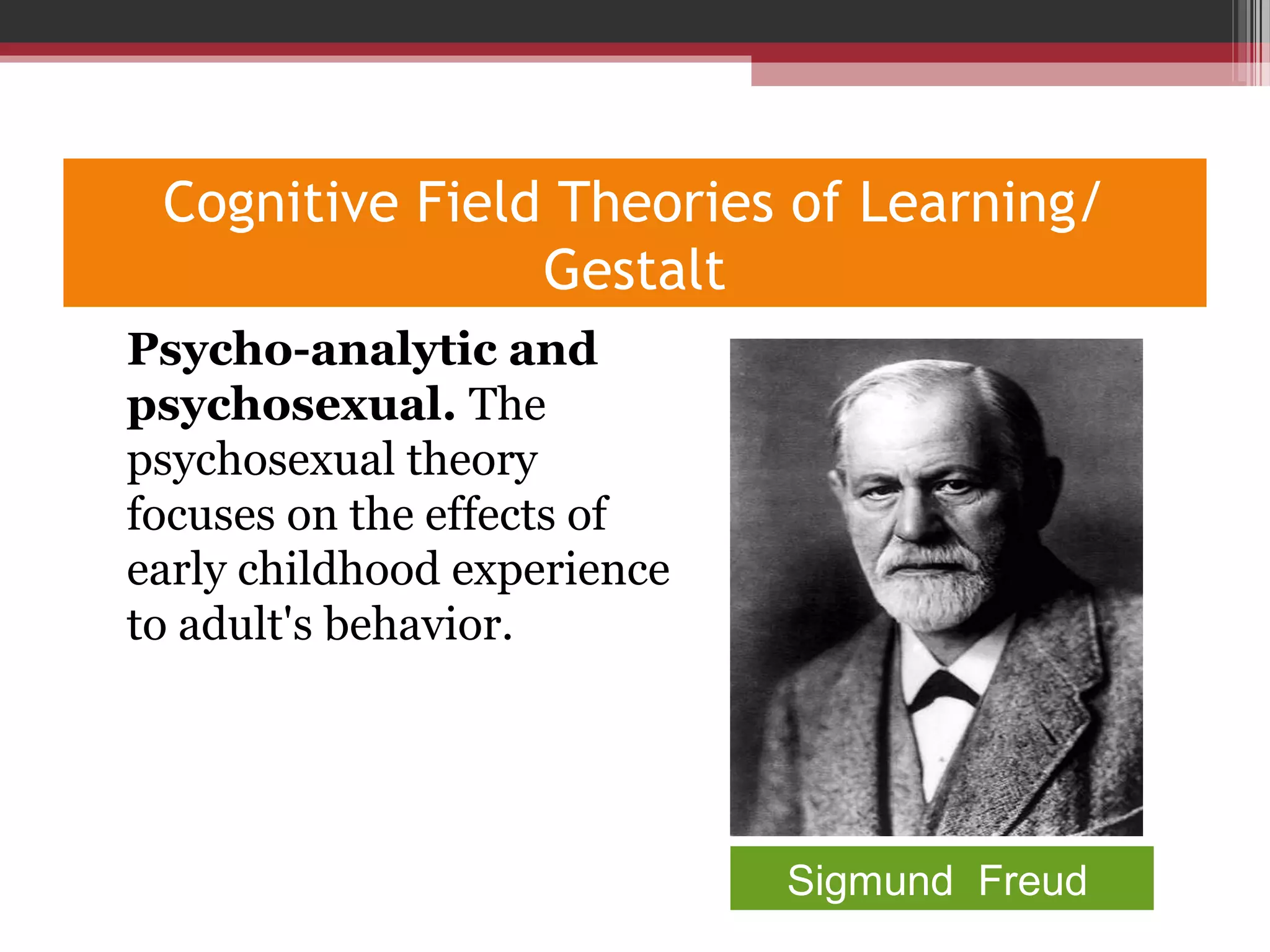 Cognitive Field Theories of Learning/
Gestalt
•
Psycho-analytic and
psychosexual. The
psychosexual theory
focuses on the effects of
early childhood experience
to adult's behavior.
Sigmund Freud
 